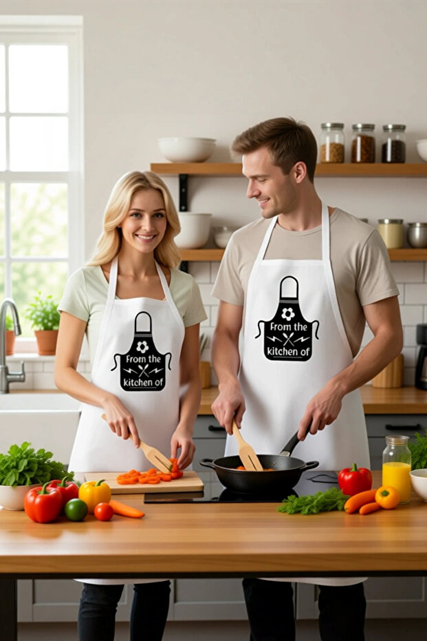 Unisex Chef Apron with Printed Text from Our Kitchen, Comfortable Cut, Daily Kitchen Wear, Modern, Stylish, Comfortable