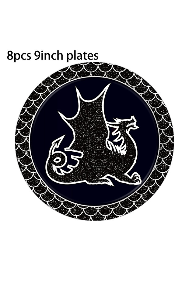 MM207-8pcs-9inch Cartoon Black Dragon Theme Disposable Tableware Sets Birthday Party Dinosaur Dragon