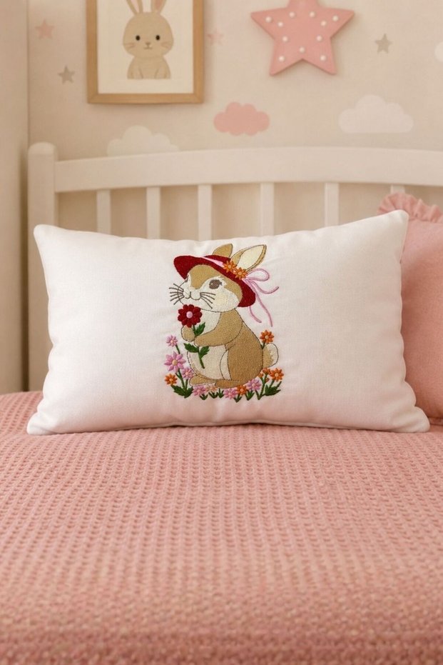 Rabbit Embroidered Decorative Throw Pillow - Children's Room Decorative Throw Pillow Cover - Linen Fabric