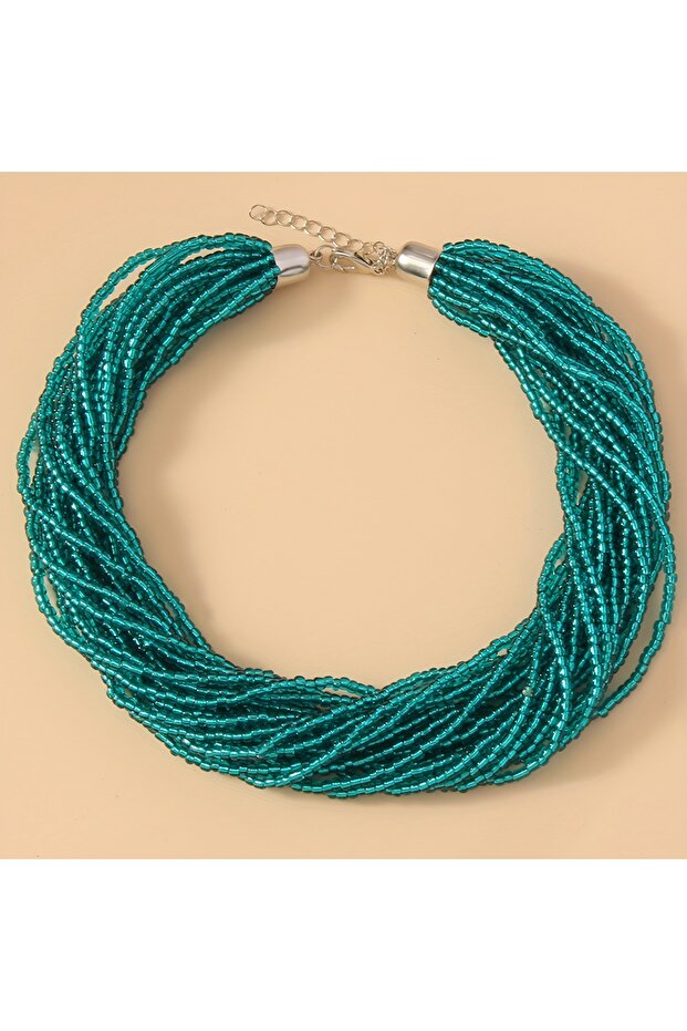 green 1pc Bohemian Green Blue Fashionable Elegant Simple Multi Layer Rice Bead Necklace Tie Neck Wom