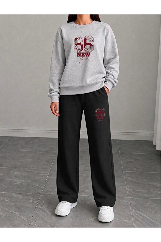 86 New York Printed Women's Cropped Crewneck Bottom/Upper Track Suit Set