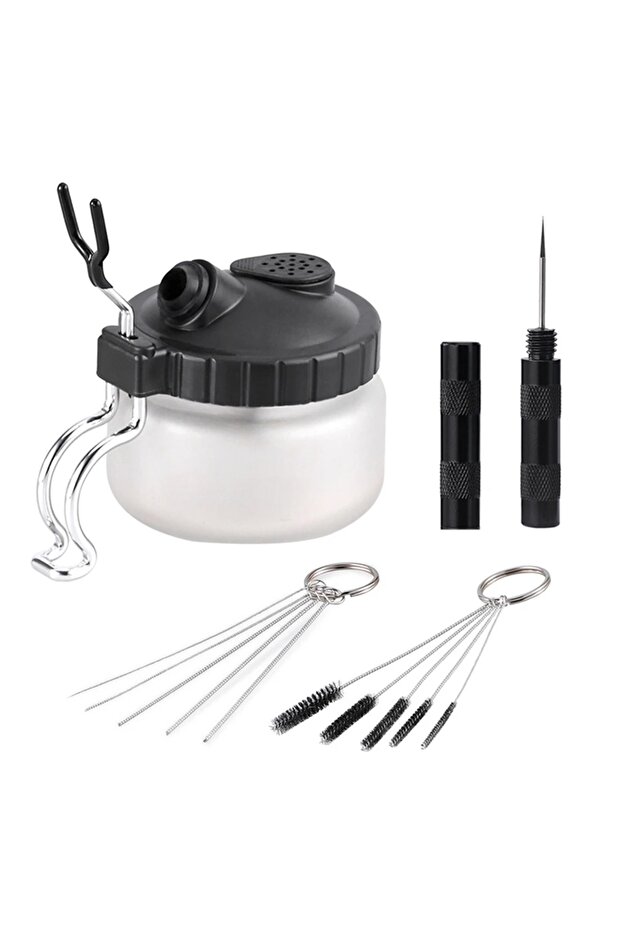 Set 2 Airbrush Cleaning Kit Clean Pot Jar with Holder and Cleaning Brushes/Needles Double–Ended Brus