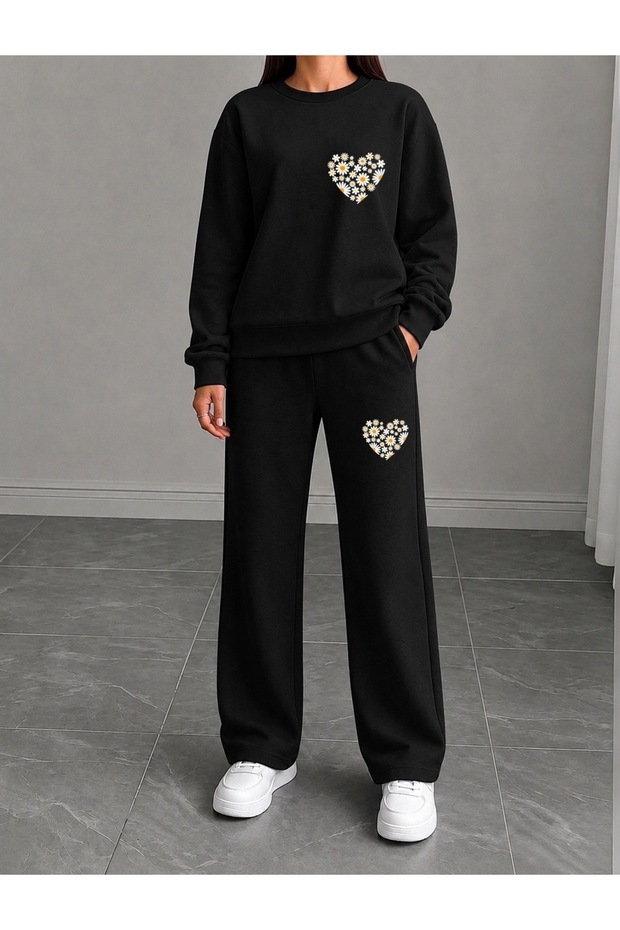 Daisy and Heart Printed Women's Cuffed Crew Neck Bottom/Top Tracksuit Set