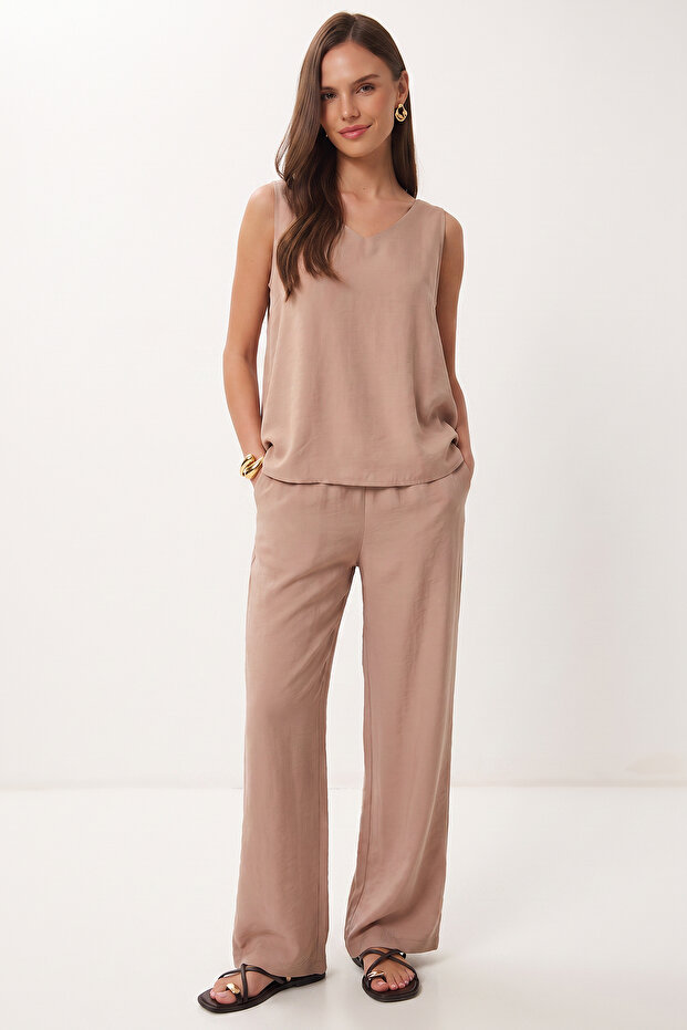 Modal Blouse Trousers Set Lmc0059 Beige