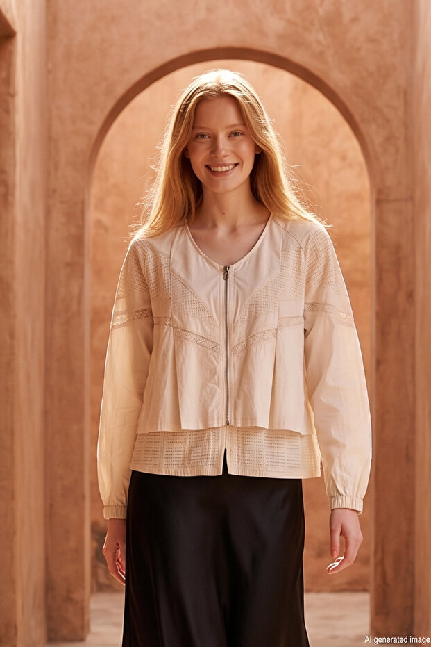Levidor Fırfor Detailed Front Zipper Jacket 510117 White