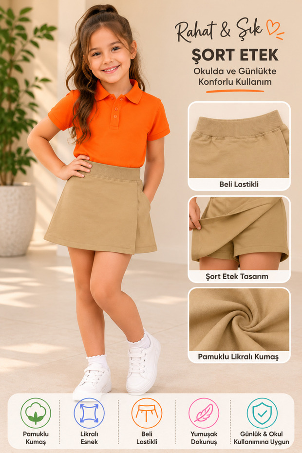 Lycra Combed Cotton Girls' Shorts Skirt with Elastic Waist