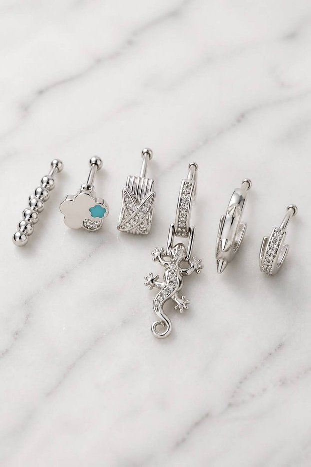 Silver Color 6-Piece Set of Earrings with Lizard and Flower Figures and Zircon Stones - Multiple Hoop Earring Combination