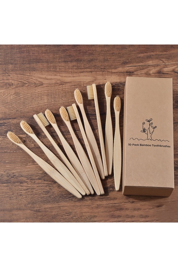 10 Piece Beige 10Pcs Bamboo Toothbrush Eco Friendly Wooden Tooth Brush BPA Free Soft Bristle Tip Ch