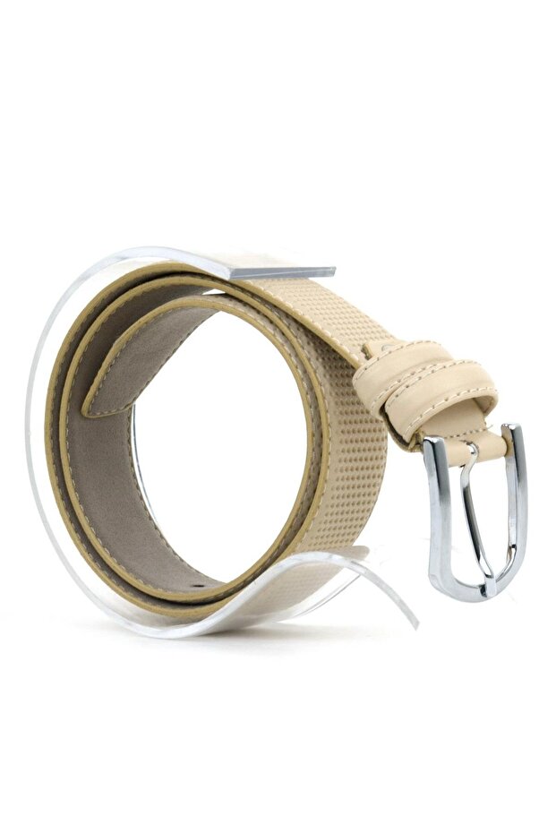 Boy's Light Beige Textured Belt - Faux Leather Classic Belt with Metal Buckle