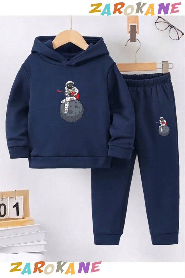 Guitarist Astronaut Printed Winter Children's Hooded Cotton Insulated Tracksuit Set (Bottom Tracksuit with Pockets)
