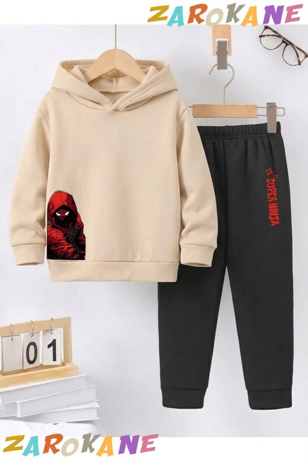 Yandan Ninja Printed Winter Children's Hooded Cotton Insulated Tracksuit Set (Bottom Tracksuit with Pockets)