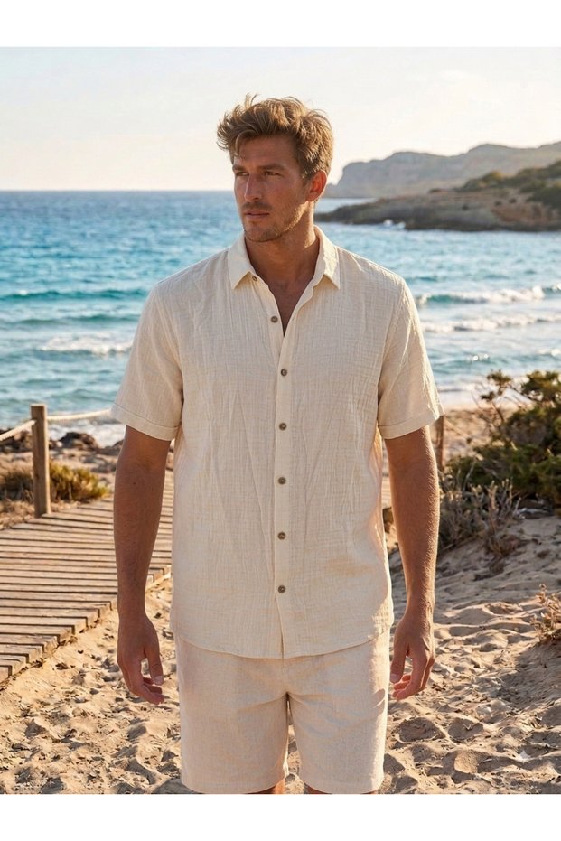 Genuine Muslin 100% Cotton Men's Short Sleeve Shirt Relaxed Fit Buttoned Collar Summer Wear