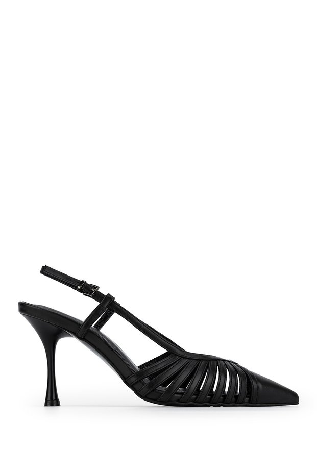 Women's Genuine Leather Black Heeled Shoes