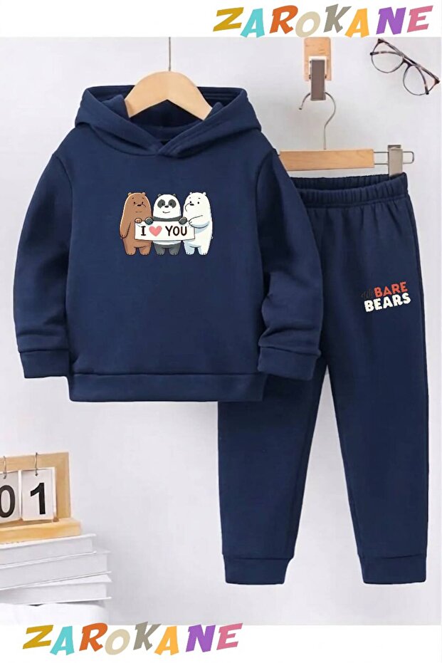 I Love You Kafadarlar Printed Winter Children's Hooded Top and Bottom Cotton Tracksuit Set (Bottom with Pockets)