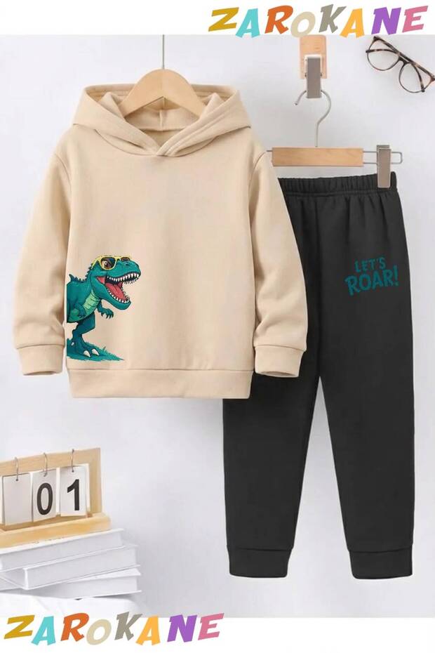 Yandan Dinosaur Printed Winter Children's Hooded Cotton Insulated Tracksuit Set (Bottom Pants with Pockets)