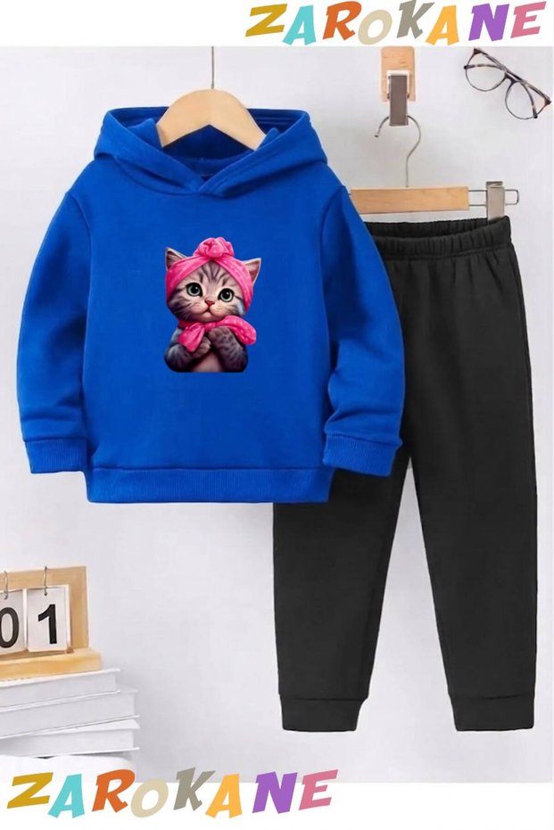 Candy Cat Printed Winter Children's Hooded Cotton Insulated Tracksuit Set (Bottom Pants with Pockets)