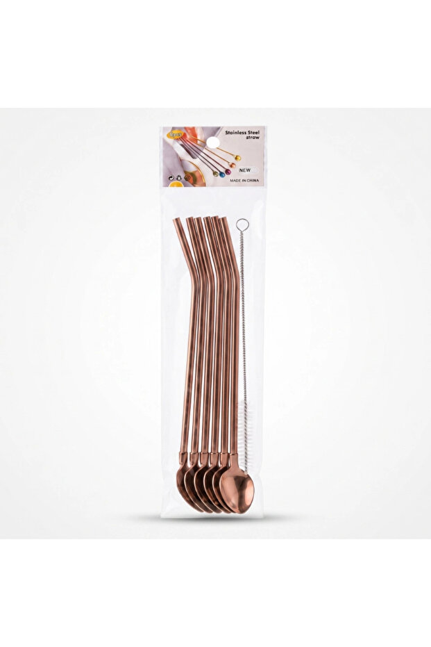 6-Piece Straw and Spoon Set - Bronze - Straw Cleaning Brush