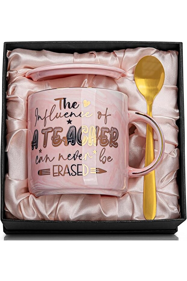 Cup with Lid from Albes, Ceramic, 400 Ml, Pink, Includes Spoon with Marble Pattern, Un
