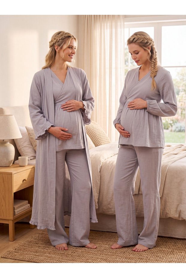 New Season Gray Muslin Fabric Double-Breasted Breastfeeding Compatible Design Long Sleeve 100% Cotton Maternity Pajama Set