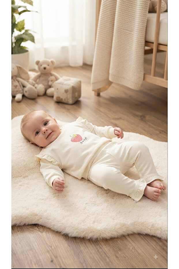 Baby Girl Strawberry Patterned Spring Long Sleeve Thin Combed Cotton Set