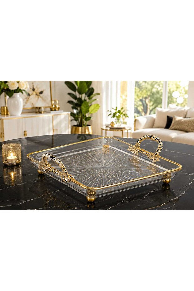 Square Glass Presentation Decorative Serving Tray with Gold Detailing on the Feet and Handles