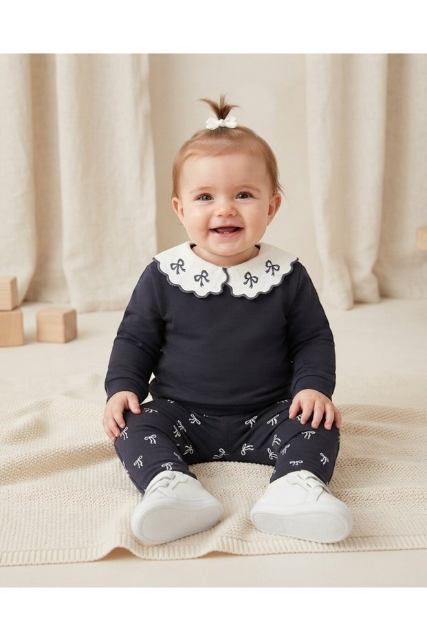 Baby Girl Seasonal Bow Printed Baby Collar 9-12-18-24 Months Slim Fit 2-Piece Baby Set