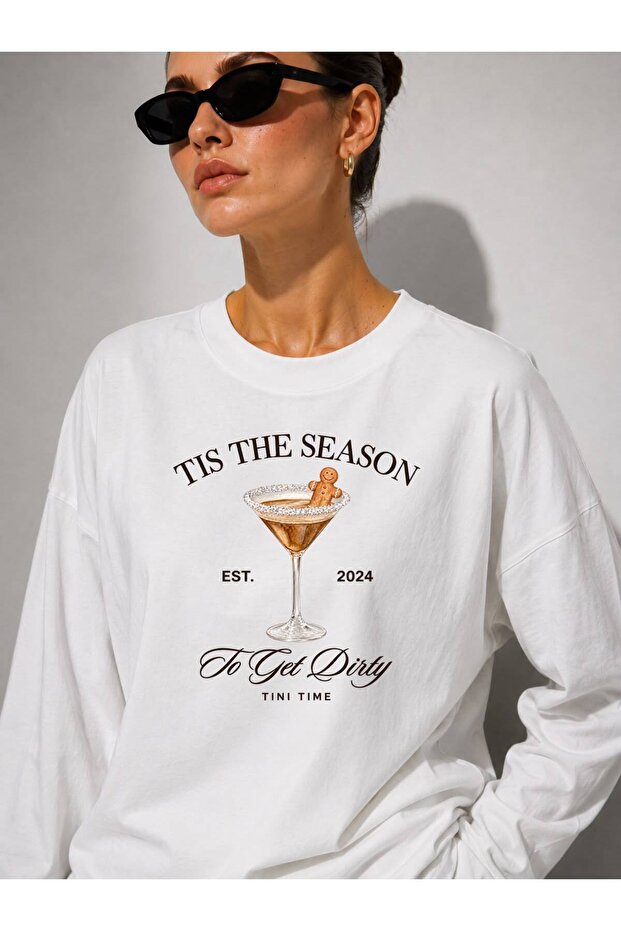 White Martini Printed Long Sleeve T-Shirt Suitable for Hijab