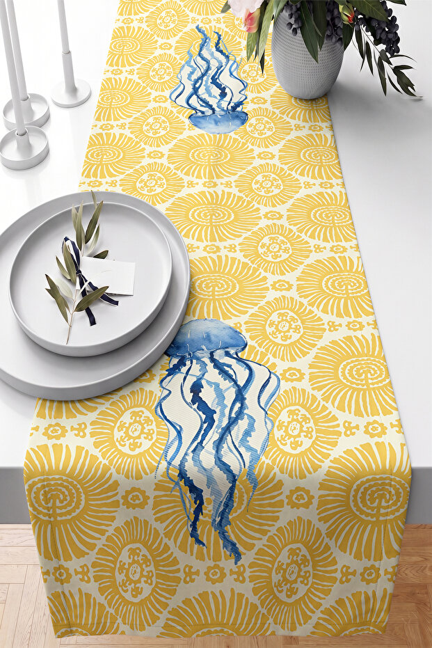 40X140Cm Digital Printed Runner with Jellyfish Figures and Sea Themed Patterns Decorative Table Runner