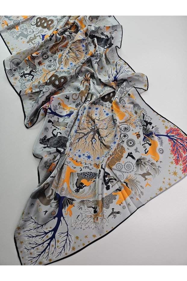 Luxury Voile Silk Shawl Hijab Foulard Scarf Shawl Double Sided Magical Forest Animal Figured Pattern 70 X 180 cm