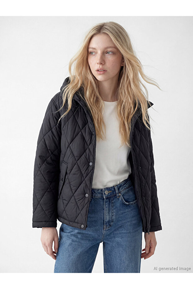 Xside Black Hooded Quilted Women's Puffer Jacket