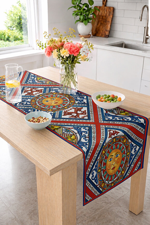 Sun and Moon Face Motif Tile Patterned 40X140Cm Digital Printed Runner Decorative Table Runner