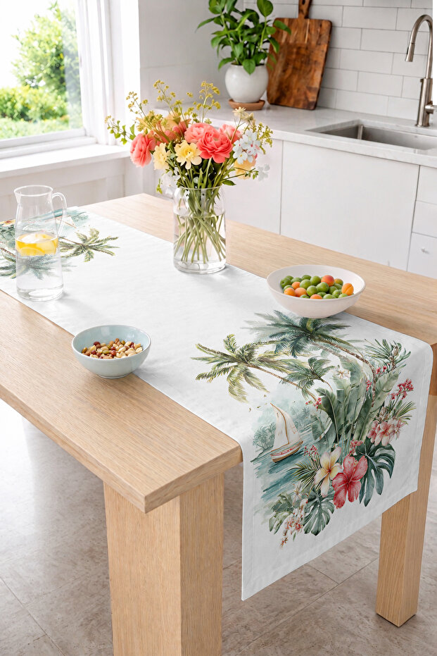 Sailing Boat, Palm Tree and Tropical Flower Pattern 40X140Cm Digital Printed Runner Dining Table Runner