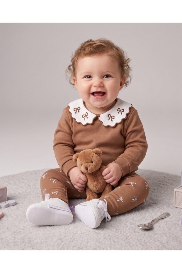 Baby Girl Seasonal Bow Printed Baby Collar 9-12-18-24 Months Slim Fit 2-Piece Baby Set