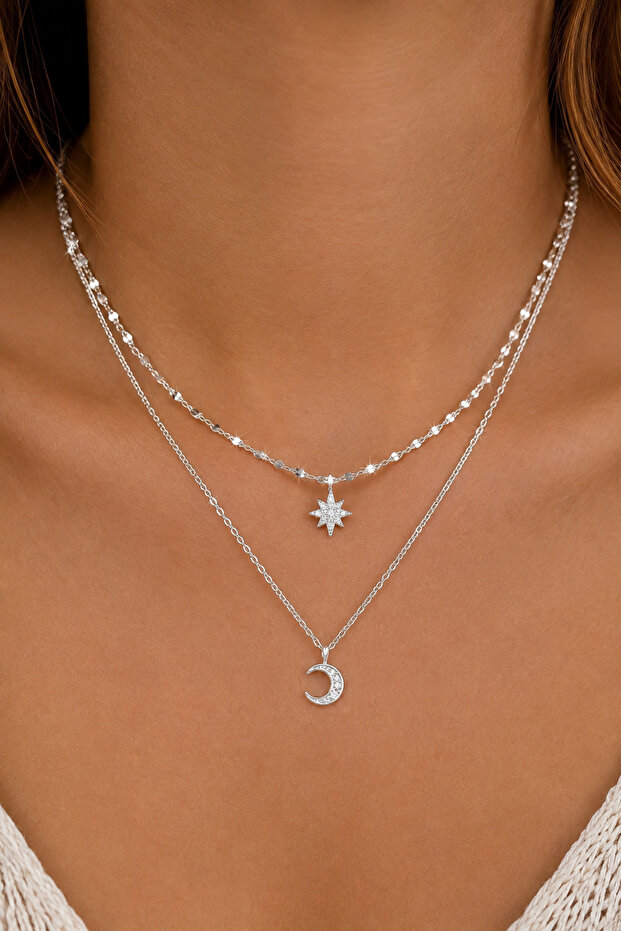 Women's Silver Color 2-Piece Necklace with Moon and Star Figures and Stone Design