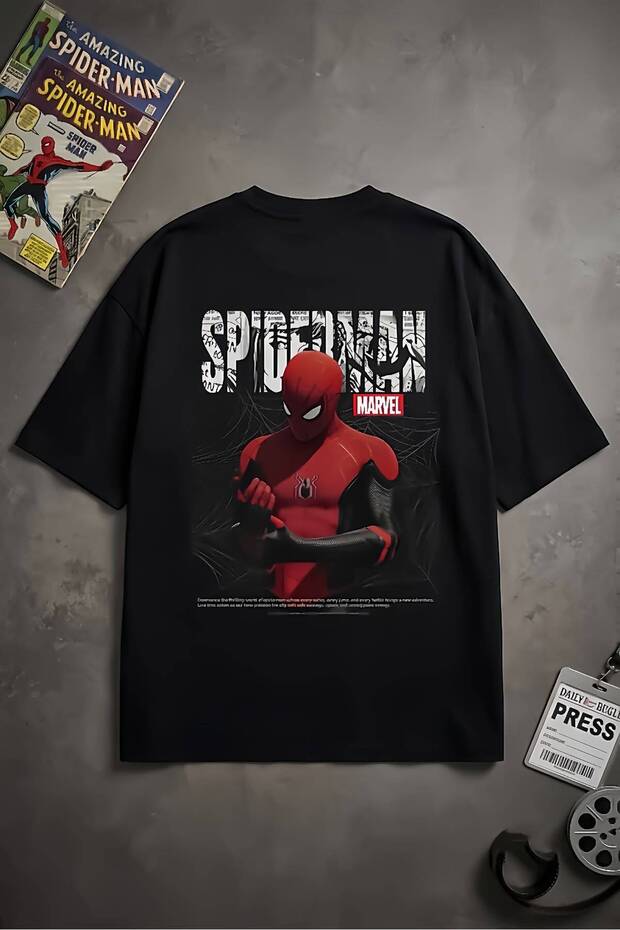 Black Retro Spider-Man Marvel Printed Oversize T-Shirt