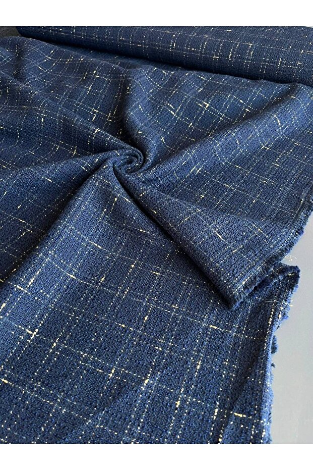 Navy Blue Glittery Chanel Fabric Plaid Patterned Double Length Skirt Vest Pants Set Clothing