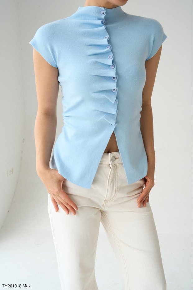 Women's Buttoned Gathered Detailed Sleeveless Knitwear Cardigan