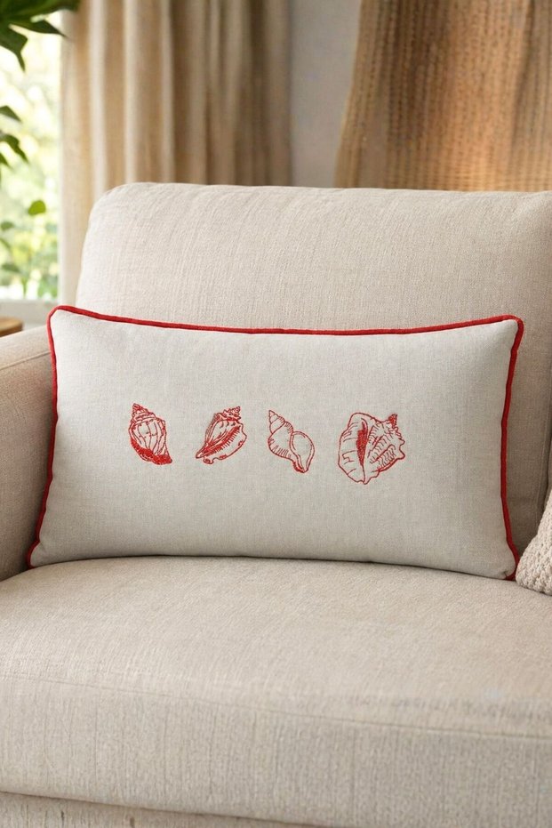 Seashell Embroidered Throw Pillow Cover – Decorative Pillow Cover with Beige Linen Texture and Red Piping