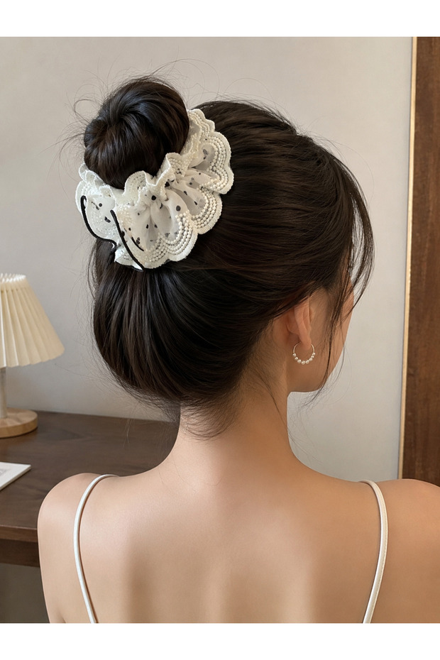 Women's White Black Polka Dot Lace Detailed Large Scrunchie Bun Hairpin