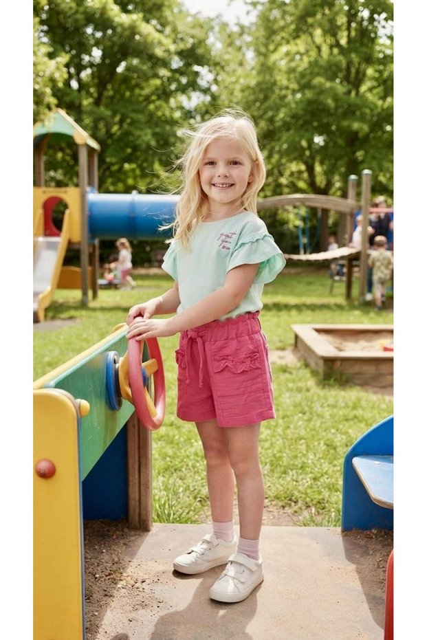 Pandax 133 Water Green Pink Ruffle Pocket Shorts T-Shirt Set