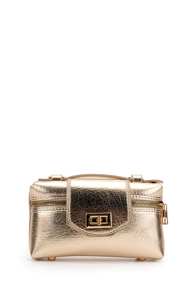 Lock Detailed Box Shape Faux Leather Women's Crossbody Bag Lulu Gold Patent Leather