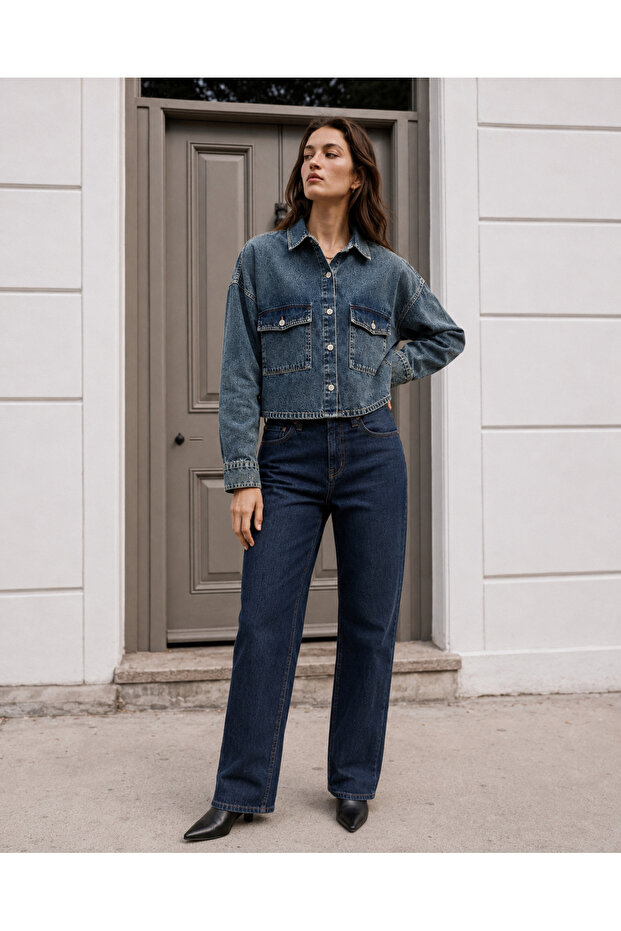 Women's Oversize Denim Shirt Double Pocket Denim Jacket Long Sleeve Denim