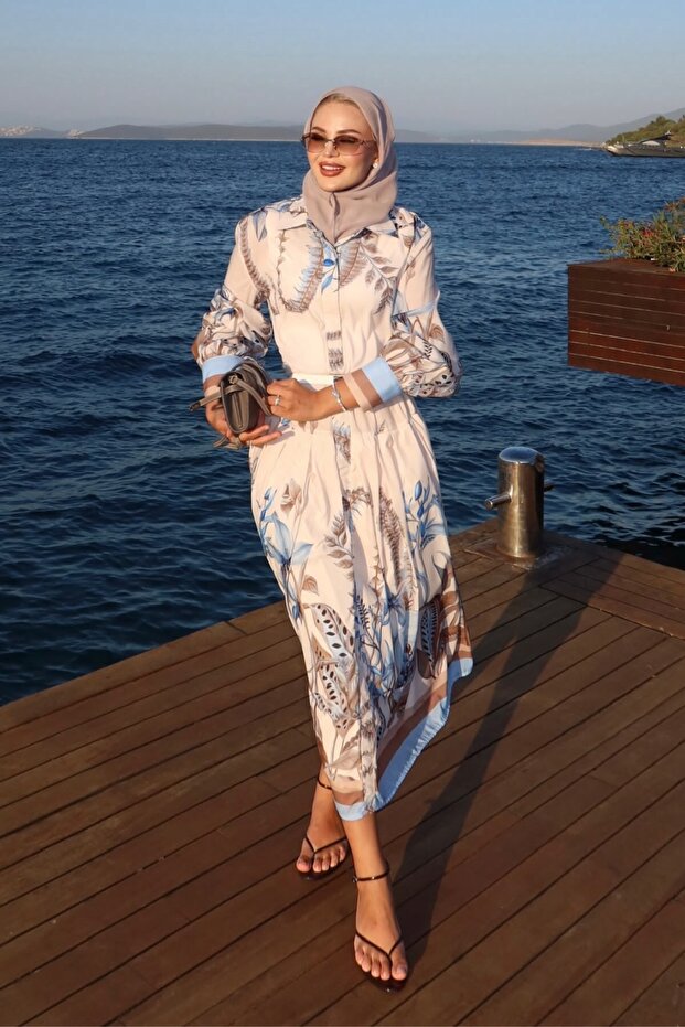 Button Detailed Leaf Patterned Dress - Brown/Blue