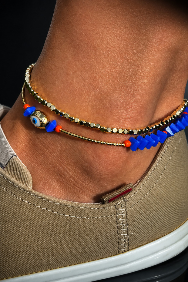 Bym Kararmaz Gold Blue Crystal Evil Eye Beaded 2-Piece Women's Anklet 26 cm