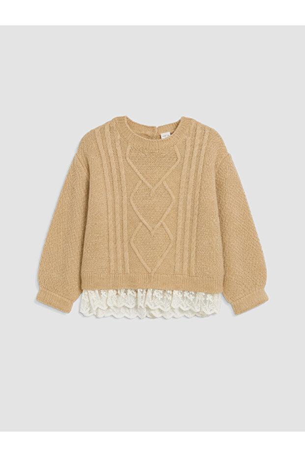 Beige Crew Neck Patterned Girls' Knit Sweater
