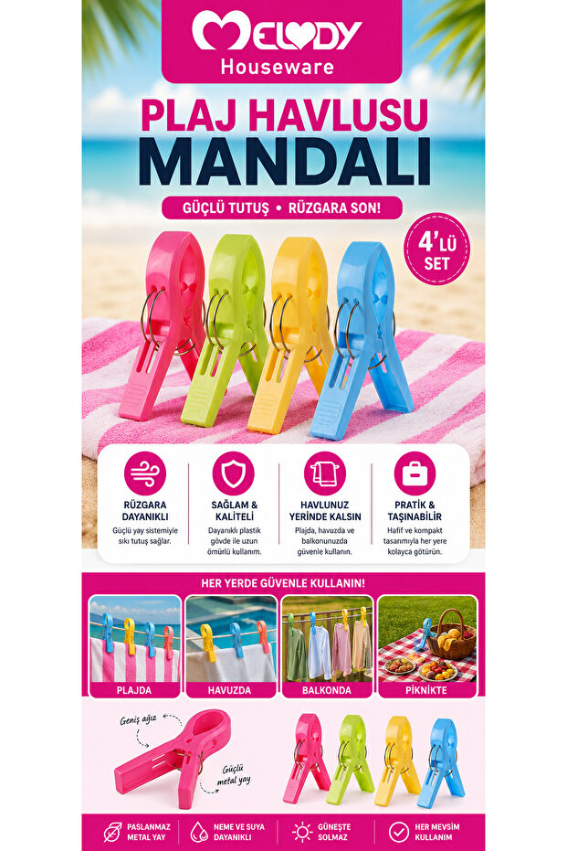 4 Pieces of Modern Double Ring Wire Oversized Beach Towel Clips, Beach Towel Clips, Carpet Hanging Clips, Blanket, Coat and Laundry Clips