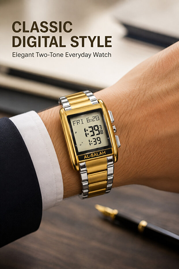 AL-SALAH Rectangular Digital Wristwatch – LCD Day & Date Display, Water Resistant, Gold & Silver Two-Tone Metal Bracelet