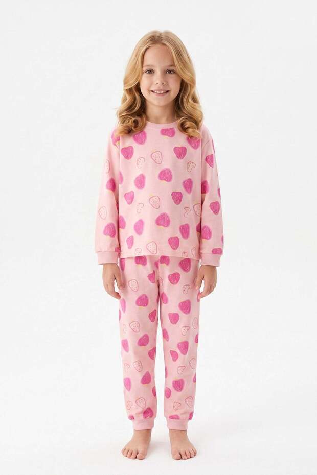 Girls' Long Sleeve Pajama Set 100% Cotton Pink Strawberry Pattern Combed Cotton