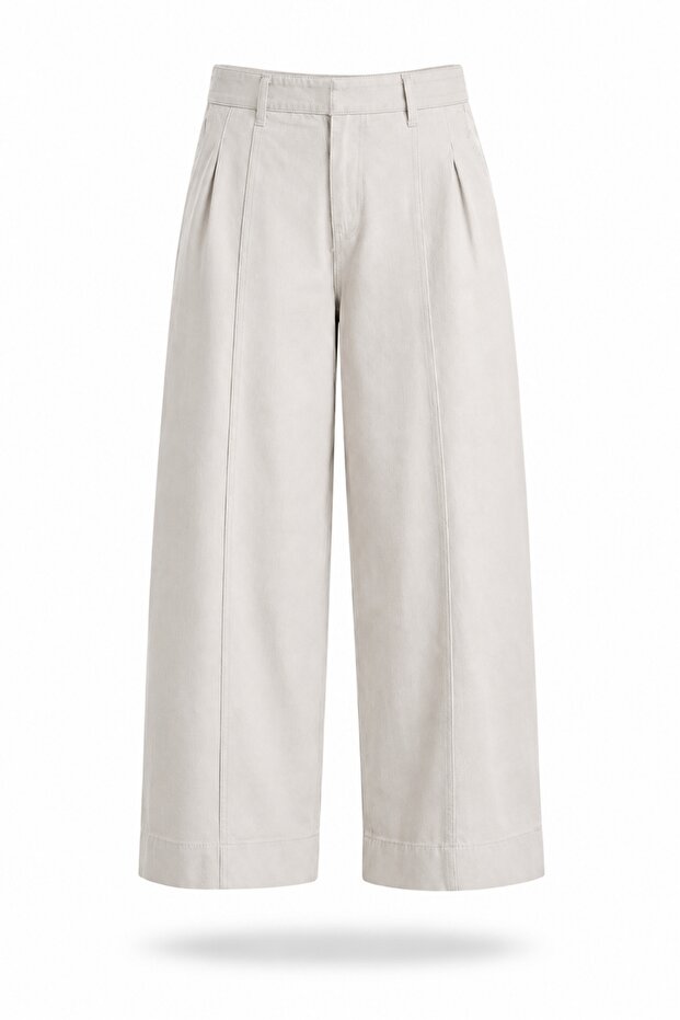 Beige Wide Leg Trousers with Front Stitching Detail 031726