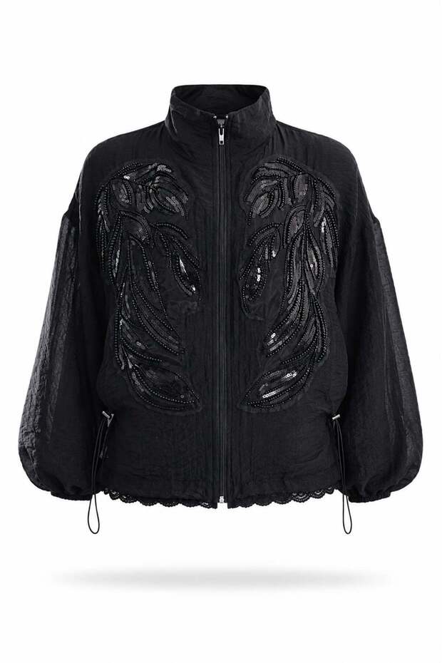 Black Beaded Embroidered Stand Collar Jacket 9773